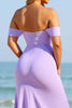 Load image into Gallery viewer, Lilac Satin Off the Shoulder Sheath Long Bridesmaid Dress with Slit