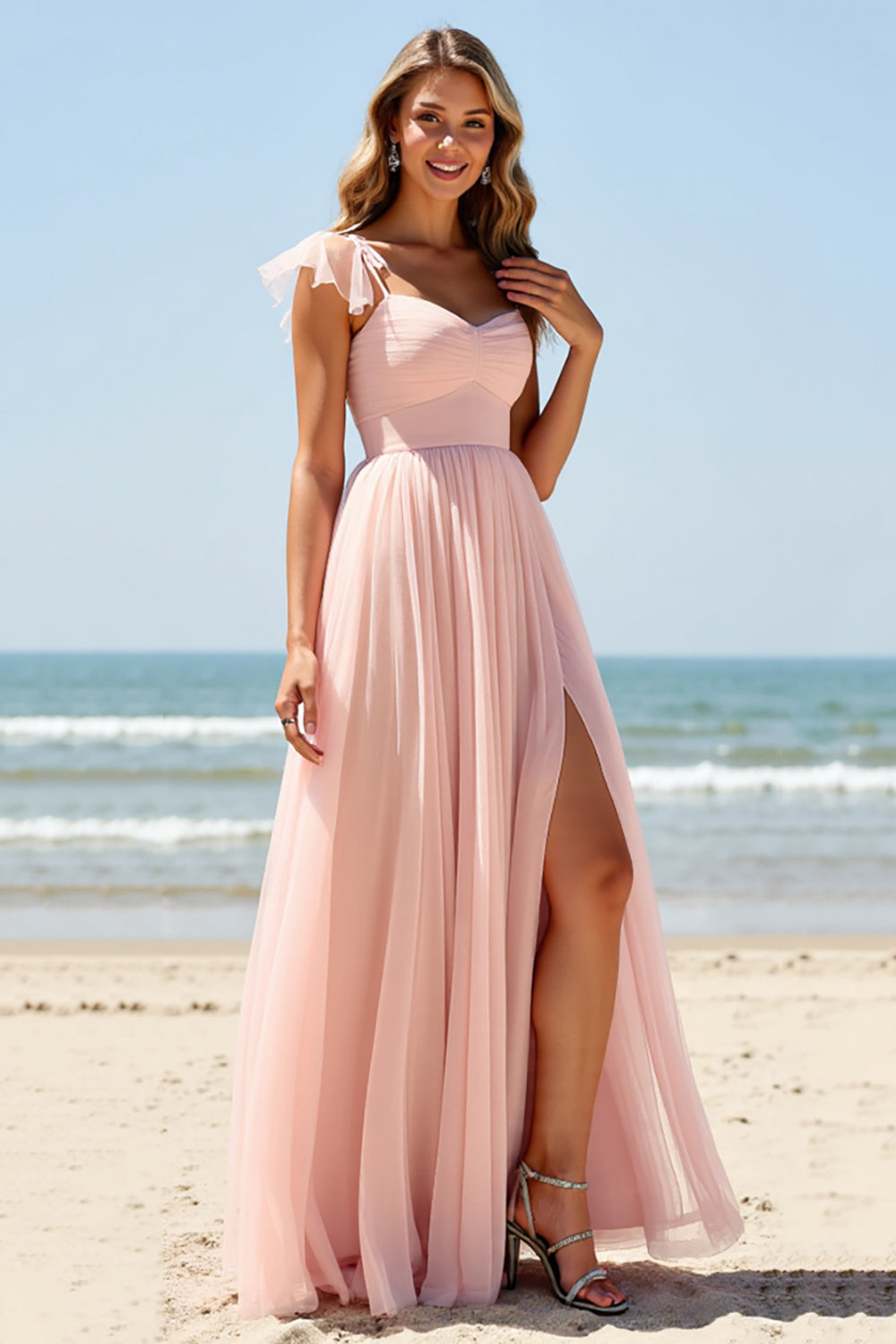 Blush Sweetheart A Line Long Bridesmaid Dress with Slit