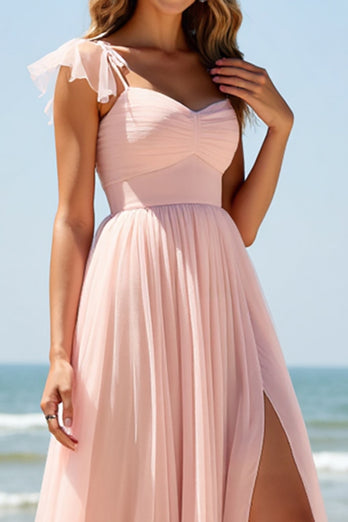 Blush Sweetheart A Line Long Bridesmaid Dress with Slit
