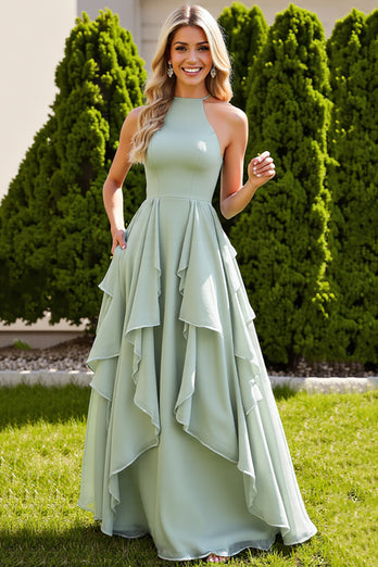 Sage Green Chiffon A Line High Neck Long Bridesmaid Dress with Ruffles