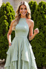 Load image into Gallery viewer, Sage Green Chiffon A Line High Neck Long Bridesmaid Dress with Ruffles