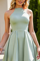 Load image into Gallery viewer, Sage Green Chiffon A Line High Neck Long Bridesmaid Dress with Ruffles