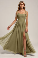Load image into Gallery viewer, Olive Spaghetti Straps Tulle Sheath Long Bridesmaid Dress with Slit