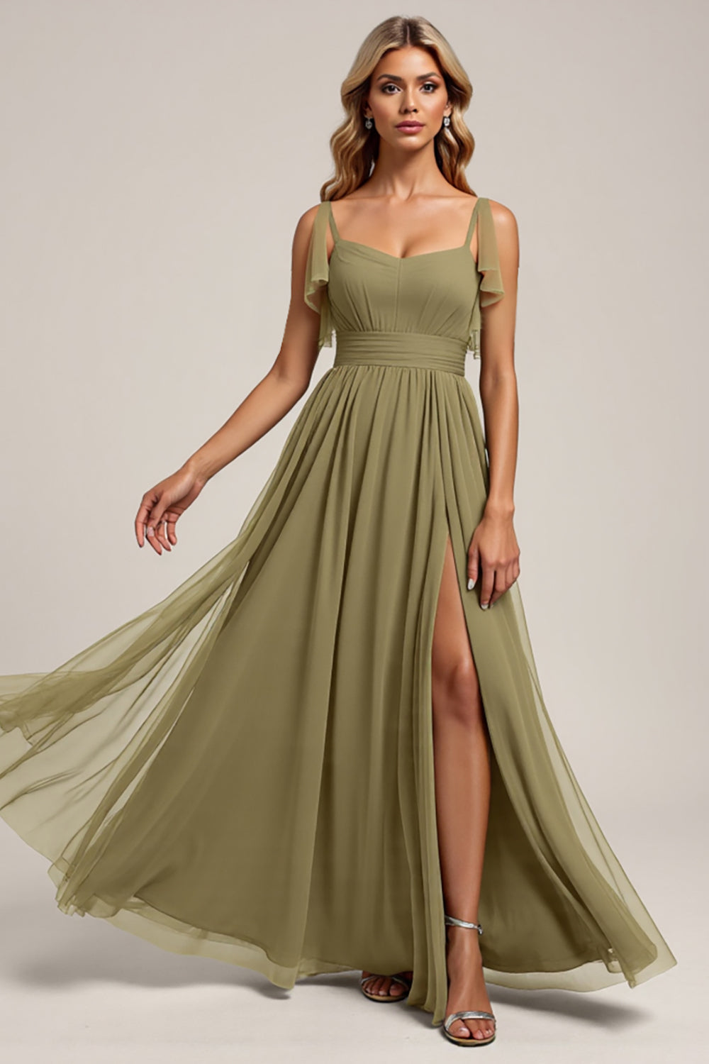 Olive Spaghetti Straps Tulle Sheath Long Bridesmaid Dress with Slit