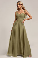 Load image into Gallery viewer, Olive Spaghetti Straps Tulle Sheath Long Bridesmaid Dress with Slit