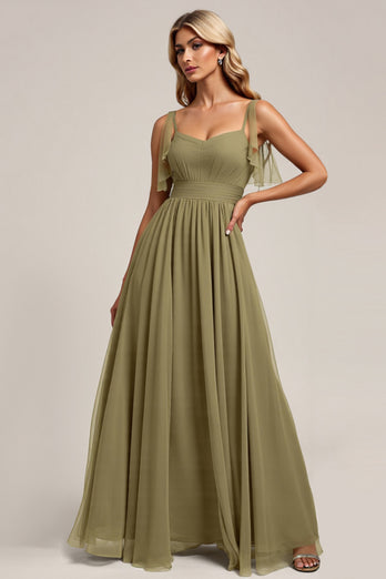 Olive Spaghetti Straps Tulle Sheath Long Bridesmaid Dress with Slit
