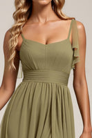 Load image into Gallery viewer, Olive Spaghetti Straps Tulle Sheath Long Bridesmaid Dress with Slit