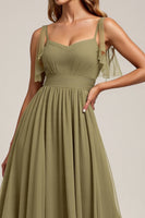 Load image into Gallery viewer, Olive Spaghetti Straps Tulle Sheath Long Bridesmaid Dress with Slit