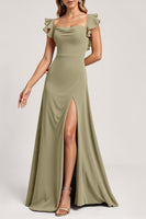 Load image into Gallery viewer, Olive Ruffled A Line Long Bridesmaid Dress with Slit