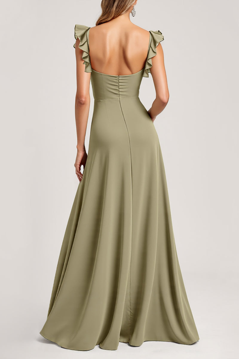 Load image into Gallery viewer, Olive Ruffled A Line Long Bridesmaid Dress with Slit