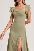 Load image into Gallery viewer, Olive Ruffled A Line Long Bridesmaid Dress with Slit