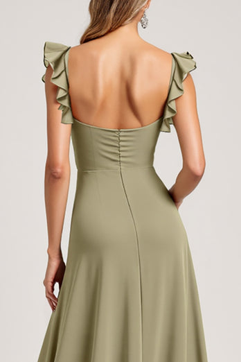 Olive Ruffled A Line Long Bridesmaid Dress with Slit