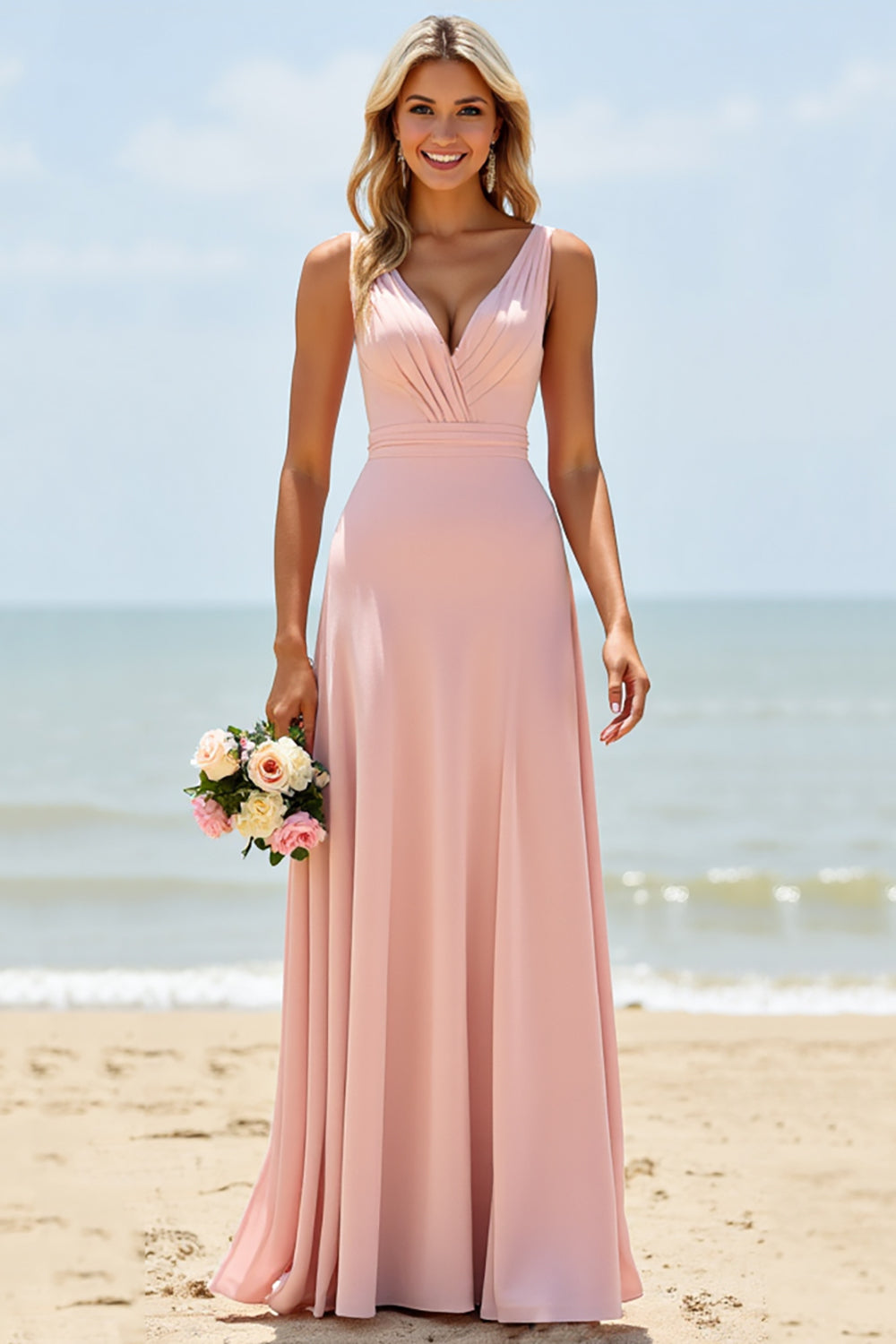 Blush Deep V-Neck A Line Long Bridesmaid Dress