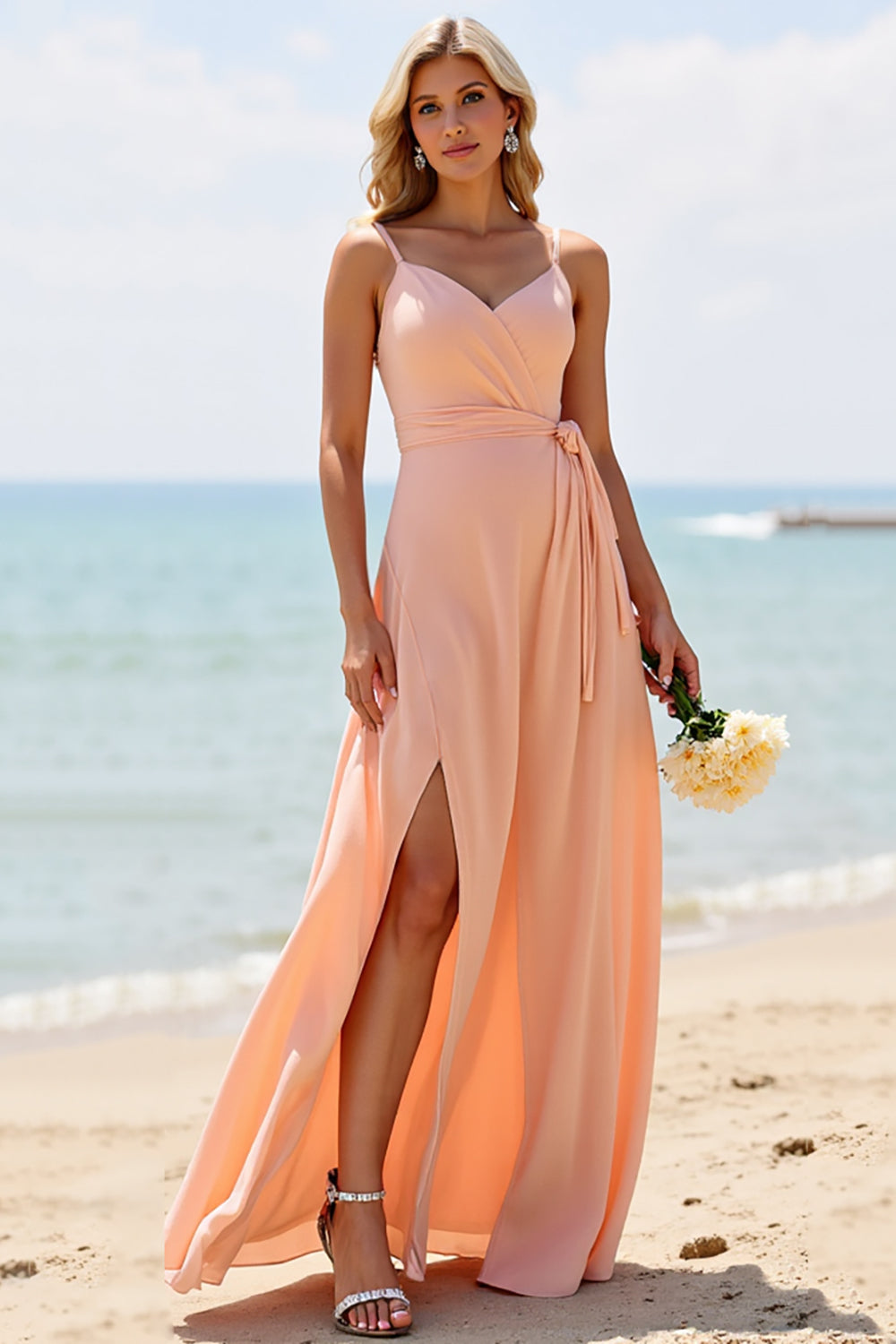 Sunset Chiffon Spaghetti Straps Long Bridesmaid Dress with Slit