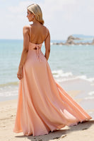 Load image into Gallery viewer, Sunset Chiffon Spaghetti Straps Long Bridesmaid Dress with Slit