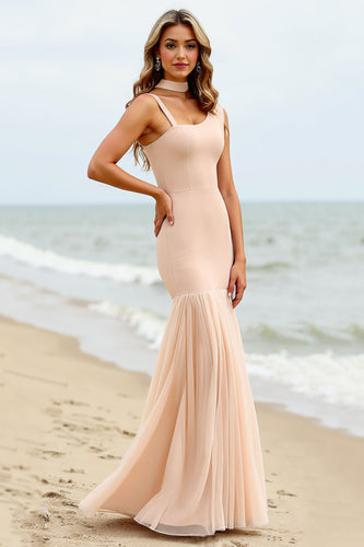 Apricot Mermaid Asymmetrical Long Bridesmaid Dress