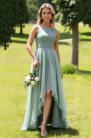 Load image into Gallery viewer, Sage Green Chiffon A Line High-Low Bridesmaid Dress with Ruffles