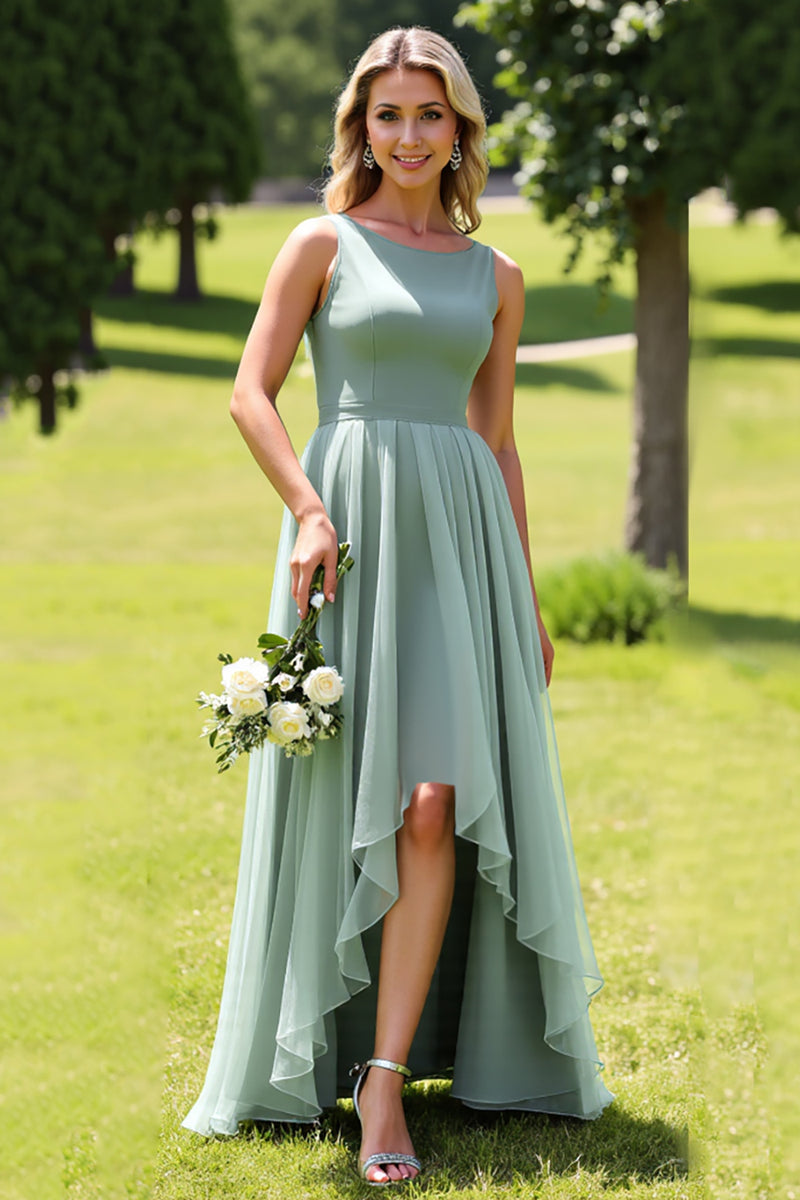 Load image into Gallery viewer, Sage Green Chiffon A Line High-Low Bridesmaid Dress with Ruffles
