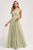 Load image into Gallery viewer, Dusty Sage One Shoulder Tulle A Line Long Bridesmaid Dress