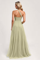 Load image into Gallery viewer, Dusty Sage One Shoulder Tulle A Line Long Bridesmaid Dress