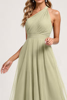 Load image into Gallery viewer, Dusty Sage One Shoulder Tulle A Line Long Bridesmaid Dress