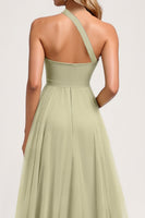 Load image into Gallery viewer, Dusty Sage One Shoulder Tulle A Line Long Bridesmaid Dress