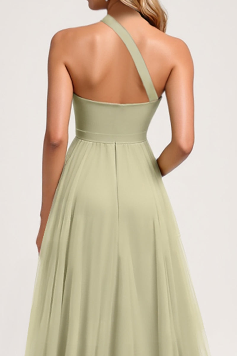 Load image into Gallery viewer, Dusty Sage One Shoulder Tulle A Line Long Bridesmaid Dress