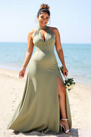 Load image into Gallery viewer, Olive Plus Size Halter Sheath Satin Long Bridesmaid Dress with Slit