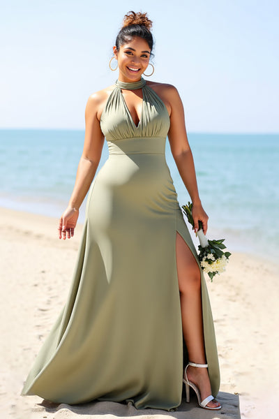 Olive Plus Size Halter Sheath Satin Long Bridesmaid Dress with Slit