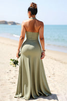Load image into Gallery viewer, Olive Plus Size Halter Sheath Satin Long Bridesmaid Dress with Slit