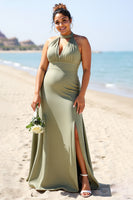 Load image into Gallery viewer, Olive Plus Size Halter Sheath Satin Long Bridesmaid Dress with Slit
