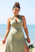 Load image into Gallery viewer, Olive Plus Size Halter Sheath Satin Long Bridesmaid Dress with Slit