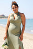 Load image into Gallery viewer, Olive Plus Size Halter Sheath Satin Long Bridesmaid Dress with Slit