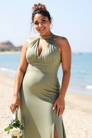 Load image into Gallery viewer, Olive Plus Size Halter Sheath Satin Long Bridesmaid Dress with Slit