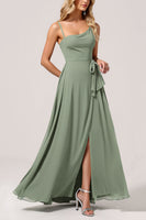 Load image into Gallery viewer, Eucalyptus Chiffon A Line Long Bridesmaid Dress with Slit