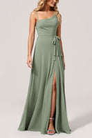 Load image into Gallery viewer, Eucalyptus Chiffon A Line Long Bridesmaid Dress with Slit