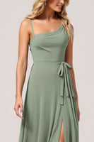 Load image into Gallery viewer, Eucalyptus Chiffon A Line Long Bridesmaid Dress with Slit