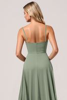 Load image into Gallery viewer, Eucalyptus Chiffon A Line Long Bridesmaid Dress with Slit