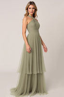Load image into Gallery viewer, Olive Tulle Tiered Halter Long Bridesmaid Dress
