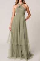 Load image into Gallery viewer, Olive Tulle Tiered Halter Long Bridesmaid Dress