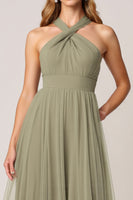 Load image into Gallery viewer, Olive Tulle Tiered Halter Long Bridesmaid Dress