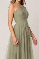 Load image into Gallery viewer, Olive Tulle Tiered Halter Long Bridesmaid Dress