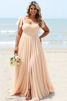 Load image into Gallery viewer, Apricot A Line Chiffon Pleated Long Bridesmaid Dress with Slit