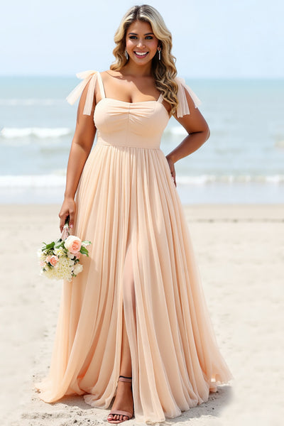 Apricot A Line Chiffon Pleated Long Bridesmaid Dress with Slit