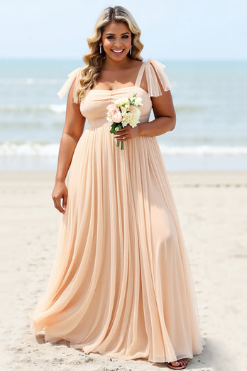Apricot A Line Chiffon Pleated Long Bridesmaid Dress with Slit