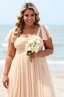 Load image into Gallery viewer, Apricot A Line Chiffon Pleated Long Bridesmaid Dress with Slit