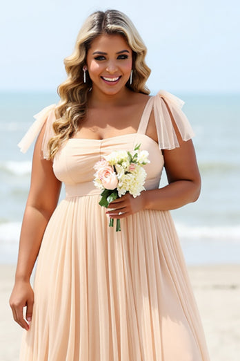 Apricot A Line Chiffon Pleated Long Bridesmaid Dress with Slit