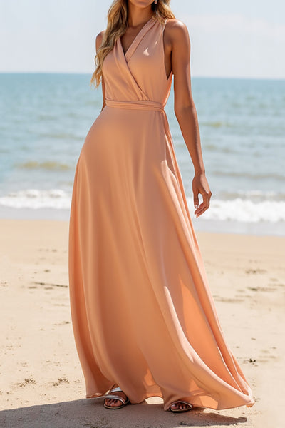 Sunset Chiffon Spaghetti Straps A Line Long Bridesmaid Dress