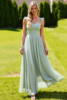 Load image into Gallery viewer, Sage Green Chiffon Spaghetti Straps A Line Long Bridesmaid Dress