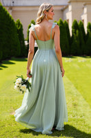 Load image into Gallery viewer, Sage Green Chiffon Spaghetti Straps A Line Long Bridesmaid Dress